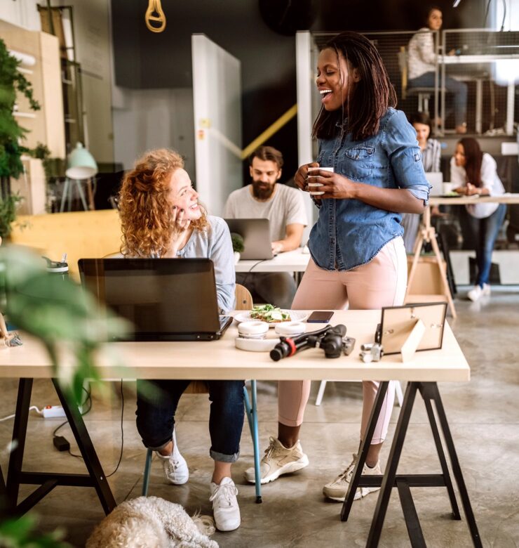 Two women chatting in front of a computer in the office. The blue talents philosophy and Blue Soft values.