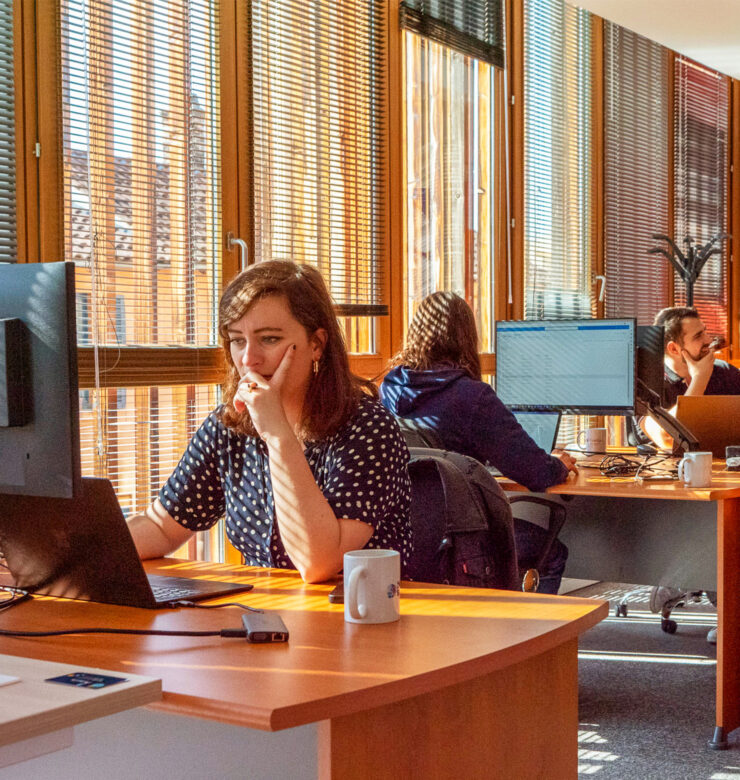 Lyon team werkt aan de computer